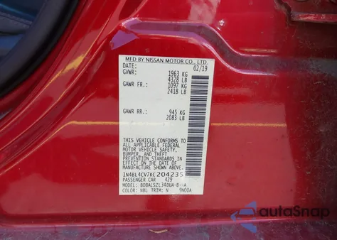 2019 Nissan Altima 2.5 Sr from USA, damaged, VIN 1N4BL4CV7KC204235